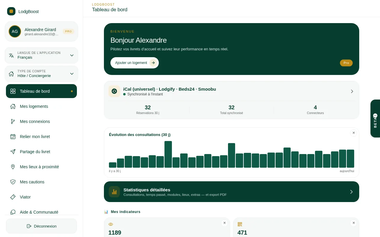 Tableau de bord du livret d'accueil digital LodgBoost sur ordinateur