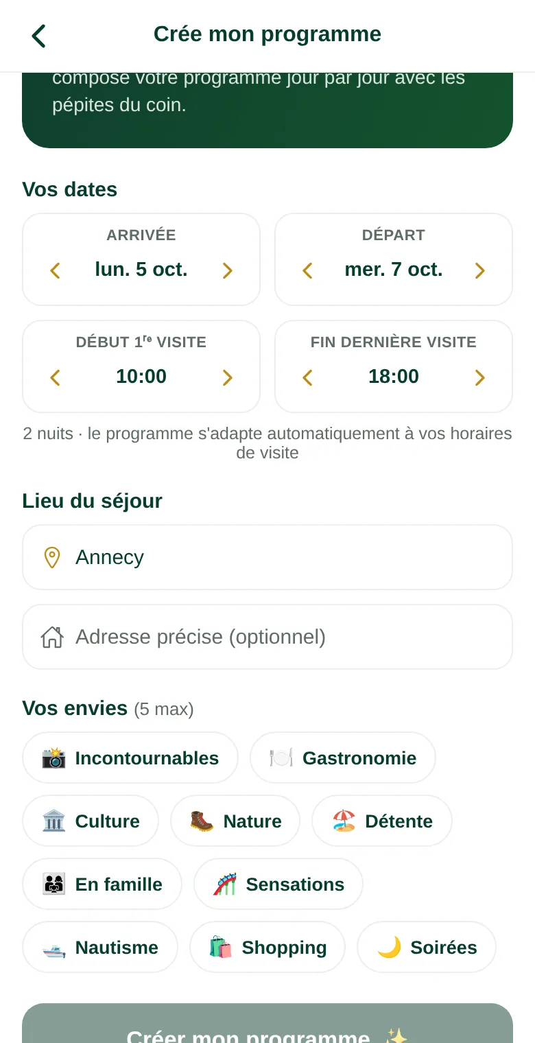 Menu « Crée mon programme » avec recherche de lieu — LodgBoost